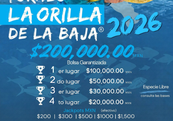 Promotional poster showing a man in blue shirt holding a large swordfish over the ocean; text announces the 5th edition of the Torneo La Orilla de la Baja 2026 and prize amounts.