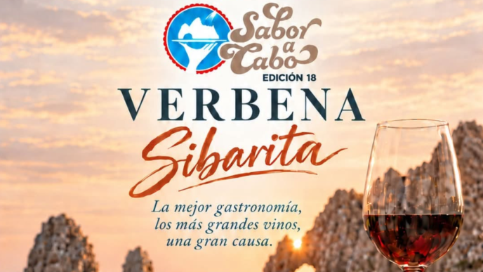 Evento promocional: Canirac Los Cabos presenta Sabor a Cabo, Edición 18, con VERBENA Sibarita junto a una copa de vino y comida frente al mar al atardecer.
