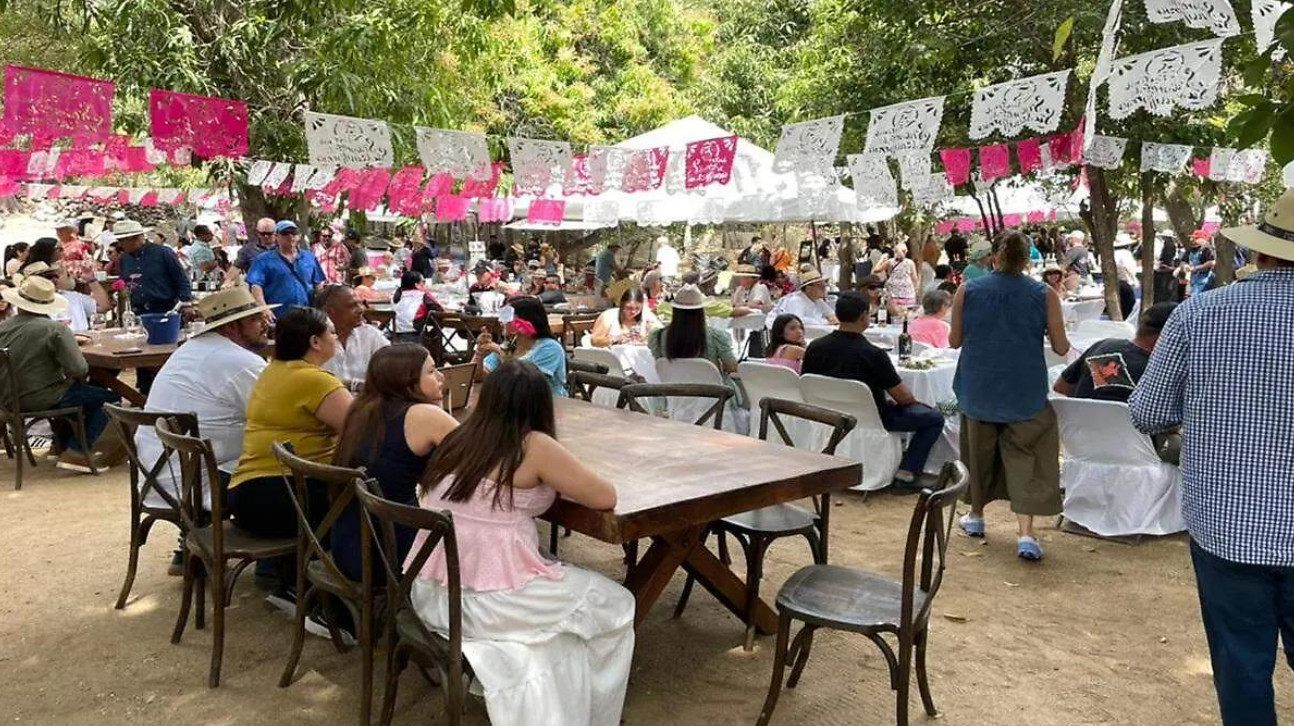 Outdoor festival or gathering with long wooden tables, many people seated under pink and white decorative banners in a park.