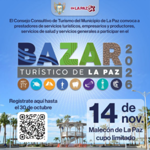 bazar turistico de la paz Cartel informativo sobre el Bazár Turístico de La Paz 2026 con fecha 14 de nov. y código QR para registro en La Paz, Bolivia? (vareado)