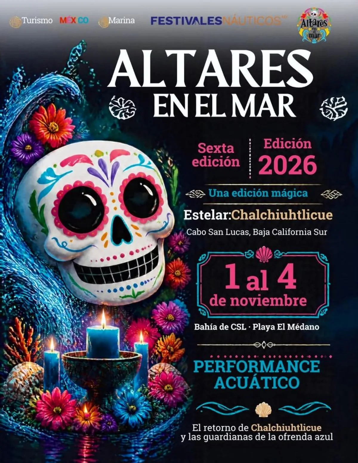 Promotional poster for Altáres en el Mar festival, Nov 1–4, 2026, Bahía de CSL, Playa El Médano, featuring a colorful sugar skull, candles, and tropical flowers.