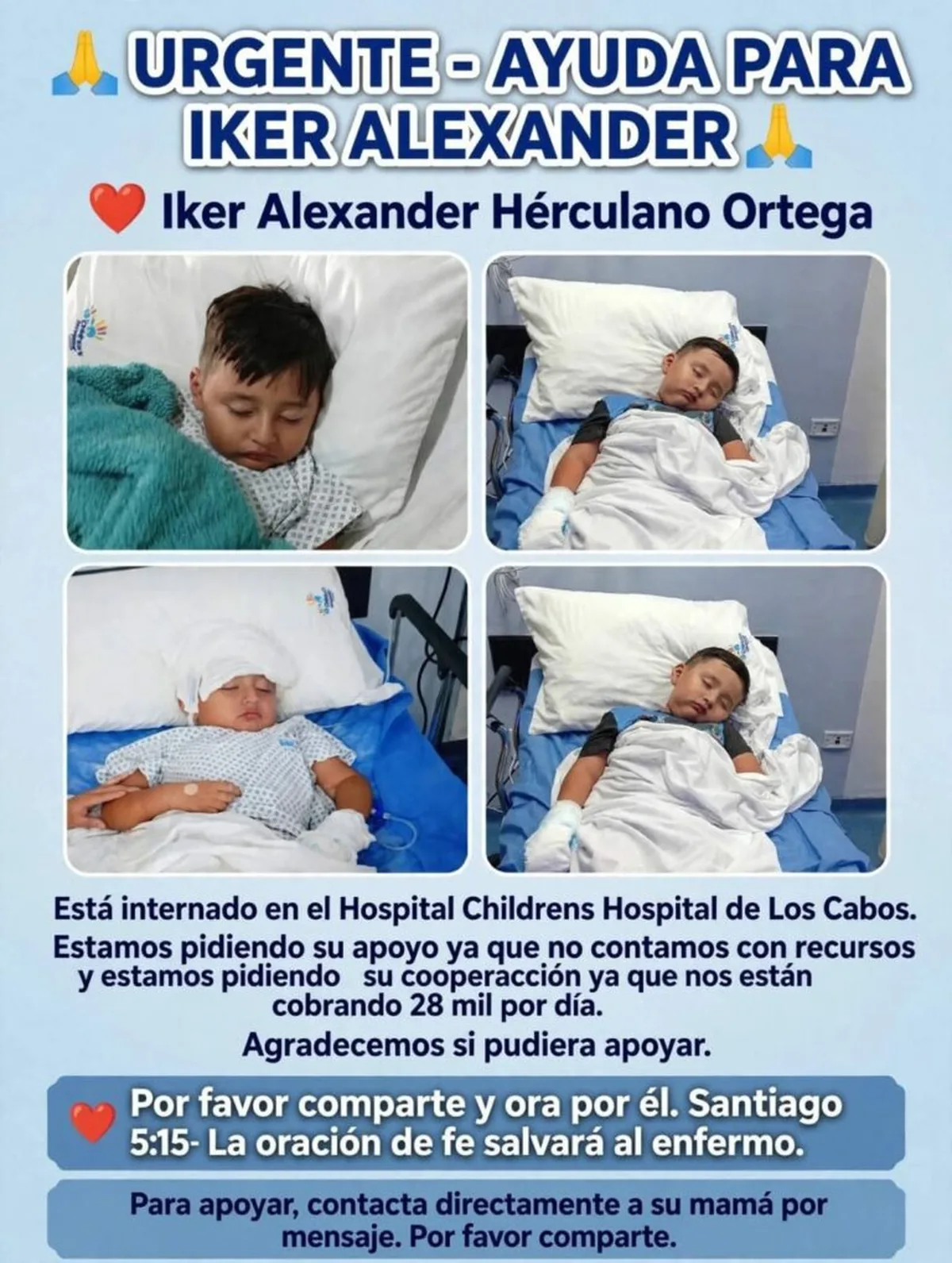 Poster asking for urgent help for Iker Alexander Hérculano Ortega; four photos show a sick child in hospital beds and blankets, with donation appeal text in Spanish.