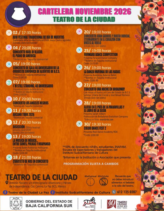 Orange festival poster for Teatro de la Ciudad November 2026 schedule with dates, times, and events; decorative skull border on the right.