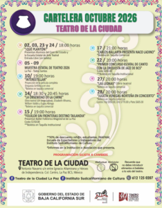 cartelera del teatro octubre Colorful poster advertising October 2026 schedule for Teatro de la Ciudad, La Paz, with dates and show titles.