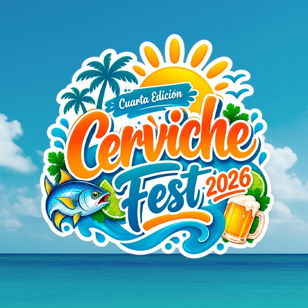 Logo for Cerviche Fest 2026 with sun, palm trees, fish, and beer on a beach backdrop.