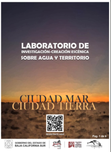 Poster advertising a scenic research lab about water and territory, titled 'Ciudad Mar Ciudad Tierra', with a QR code and logos at the bottom.