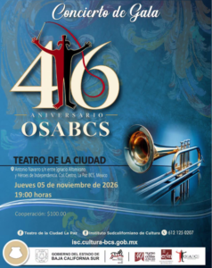 concierto de gala Poster for a Gala Concert celebrating OSABC's 40th anniversary, with a trumpet image; shows date Nov 5, 2026, 7:00 PM at Teatro de la Ciudad.
