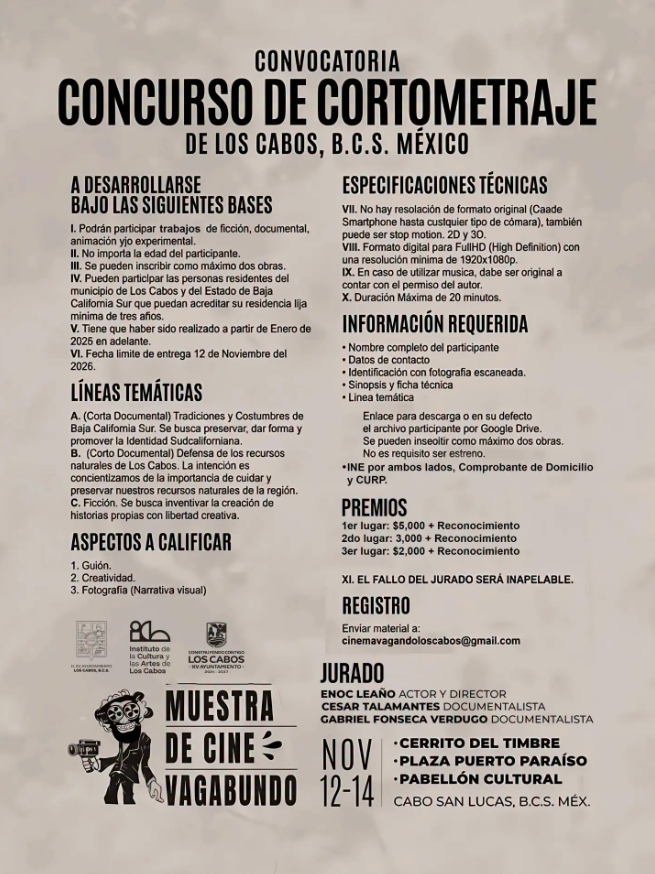 Cartel con información del concurso de cortometraje en Los Cabos, México, mostrando bases, requisitos y premios en dos columnas.