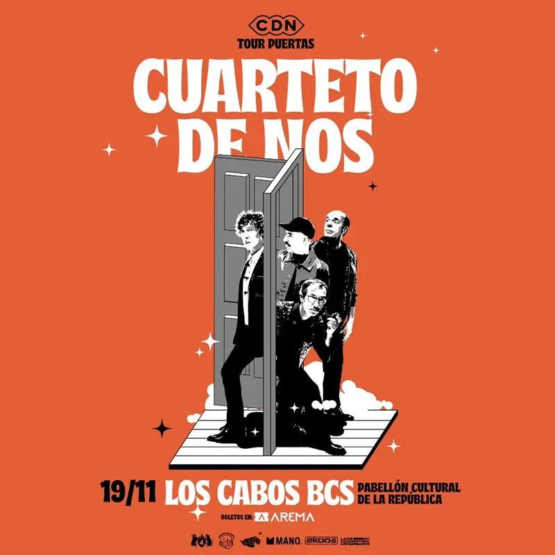 Cuarteto de Nos tour poster: four band members step through a doorway on a stage against an orange background, with date 19/11 in Los Cabos, BCS.