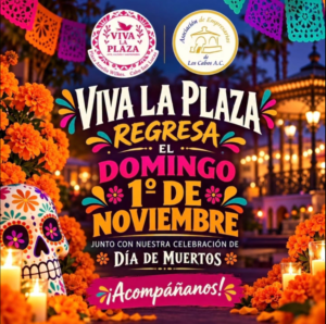 day of the dead viva la plaza Colorful Día de Muertos festival poster advertising Viva La Plaza returning Sunday, November 1 for Día de Muertos celebration, with marigolds and candles.