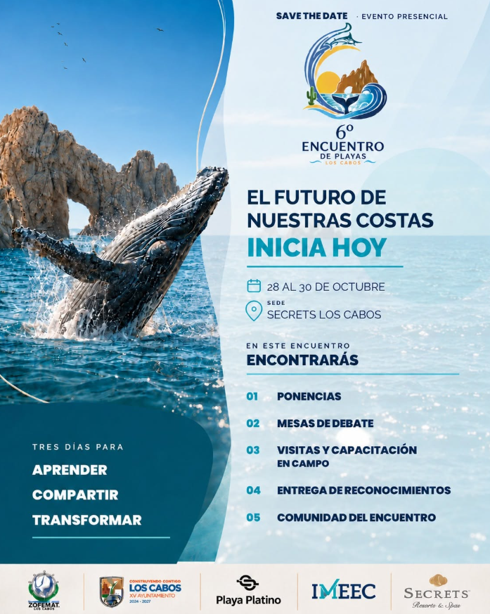 Event poster for the 6th Encuentro de Playas Los Cabos: 'El futuro de nuestras costas inicia hoy'. Features a whale tail breaching the ocean with rocky arch, dates October 28–30 at Secrets Los Cabos, and sponsor logos along the bottom.
