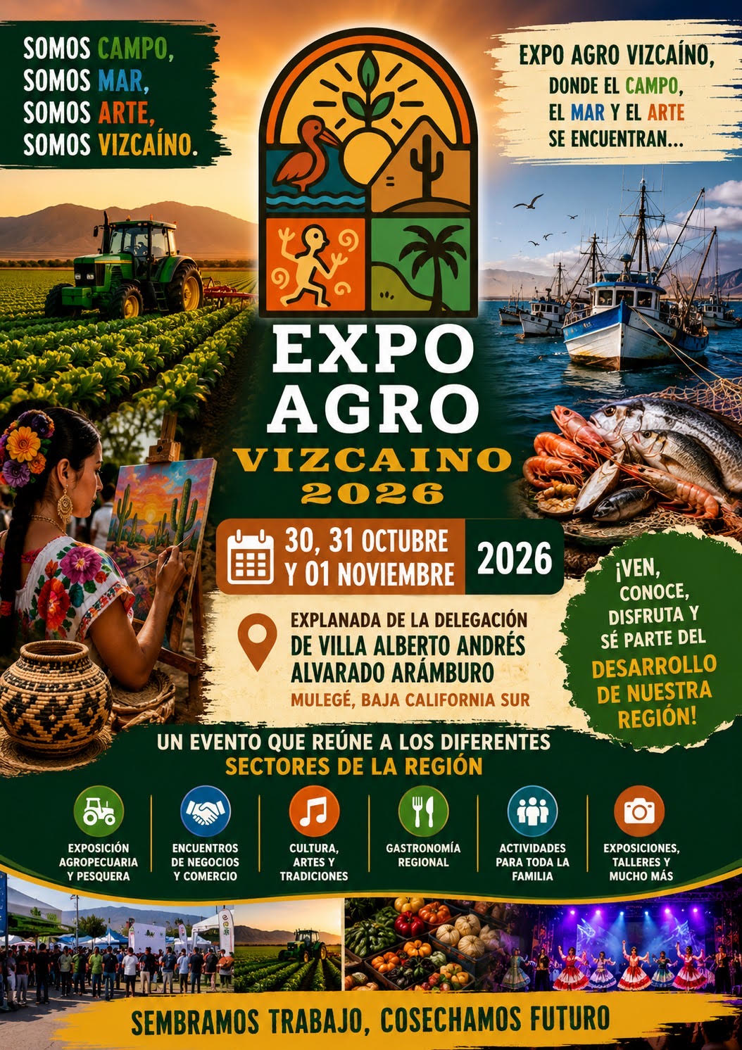 Promotional poster for Expo Agro Vizcaino 2026 with farm, fishing boats, and regional imagery; highlights dates and location in Baja California Sur.