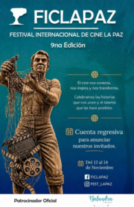 ficlapaz Cartel de FICLAPAZ: Festival Internacional de Cine de La Paz, 9na Edición, con una figura envuelta en vendas sujetando equipo de filmación; texto en tono azul turquesa al fondo.