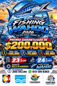 fishing wahoo Promotional poster for Fishing Wahoo 2026 with a blue marlin, prize $200,000, and event dates in October; includes contact at bottom.
