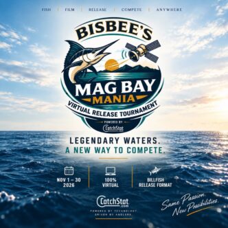 Poster for Bisbee's Mag Bay Mania virtual fishing tournament with a marlin logo over an ocean sunset background.