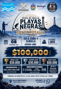 pesca de orilla playas negras Poster announcing the 1st Playas Negras Fishing Tournament in Santa Rosalía, November 8, 2026, open category, solo casting with rod and lure, Playa Santa María, Baja California Sur, prize pool 100,000 MXN (1st–3rd places).