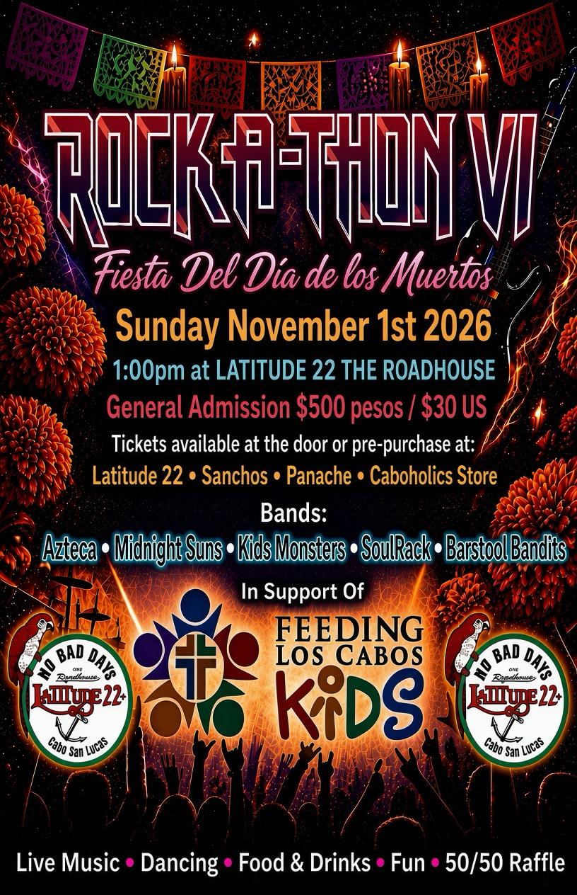 Concert poster for Rock-A-Thon VI: Fiesta del Día de los Muertos, Nov 1, 2026 at Latitude 22 The Roadhouse; lists bands and charity involvement.