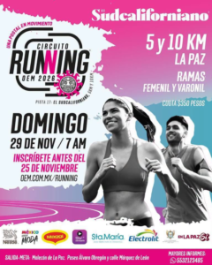 running circuito Promotional poster for the OEM Running circuit 2026 showing a smiling woman runner in the foreground and a man behind, with a pink–blue gradient background; text lists the event date (Sunday, Nov 29, 7 AM), distances (5 and 10 km) in La Paz, registration deadline (Nov 25), and the URL oem.com.mx/running; sponsor logos appear along the bottom.