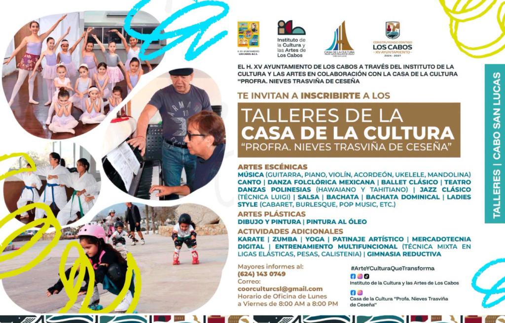 Promotional collage poster for Talleres de la Casa de la Cultura with photos of kids dancing, karate, skating, a pianist, and decorative blue/yellow graphics; includes event details and logos.