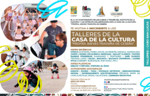 talleres de la casa de la cultura Promotional collage poster for Talleres de la Casa de la Cultura with photos of kids dancing, karate, skating, a pianist, and decorative blue/yellow graphics; includes event details and logos.