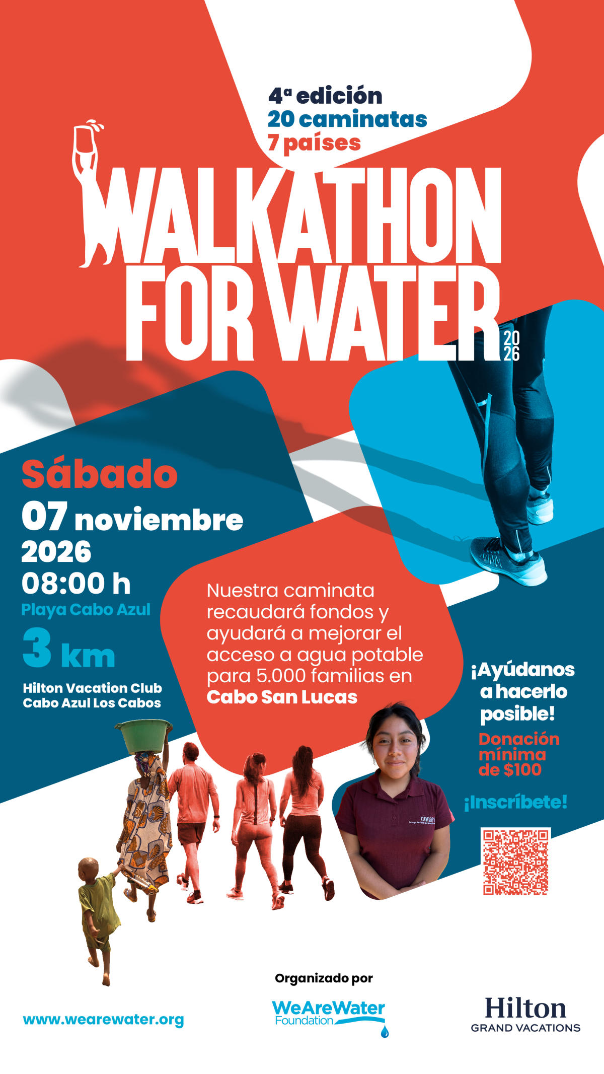 Poster for a charity walkathon to raise funds for water access; event date Saturday, November 7, 2026 at 08:00 h, Playa Cabo Azul, 3 km.